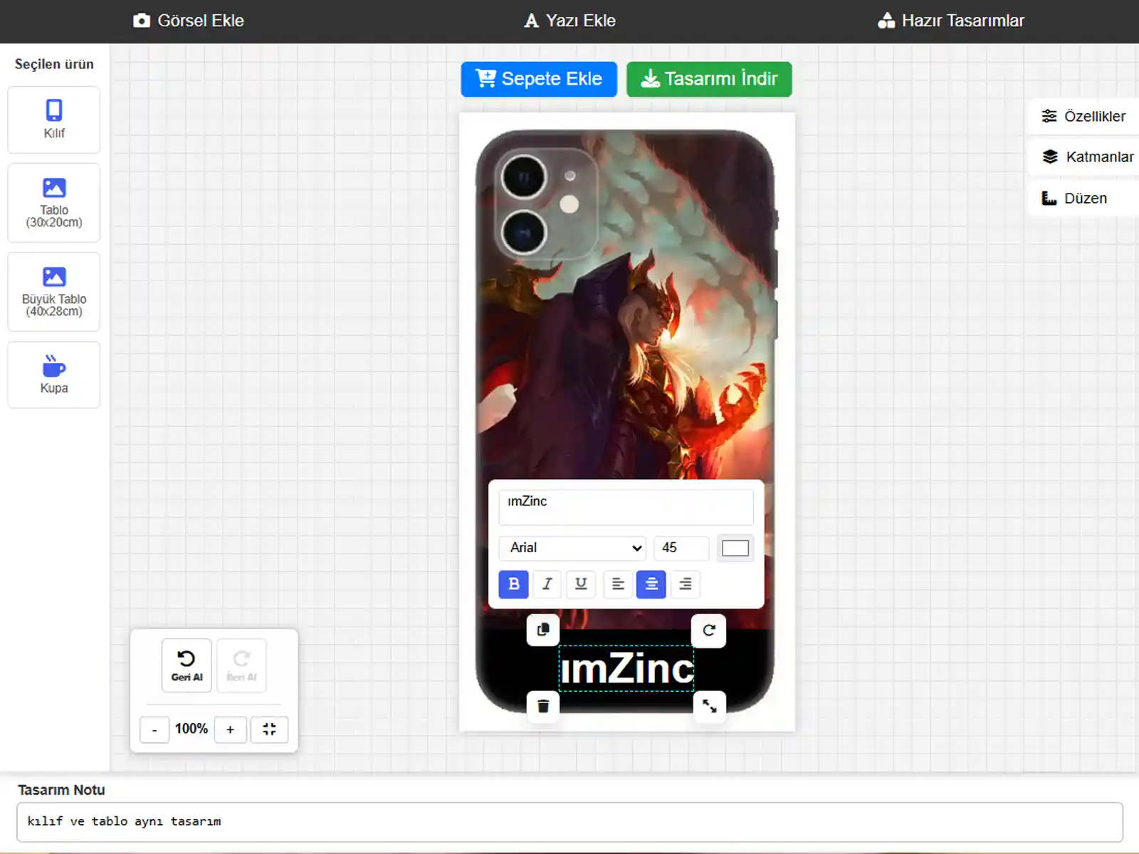 Kendin Tasarla — Kılıf + Tablo Seti